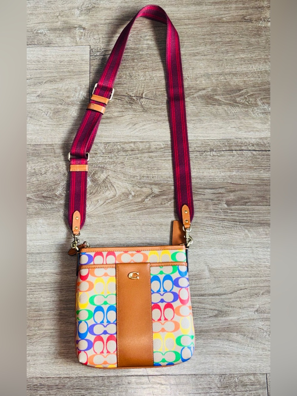 Coach Rainbow Signature Crossbody with Maroon Adjustable Strap